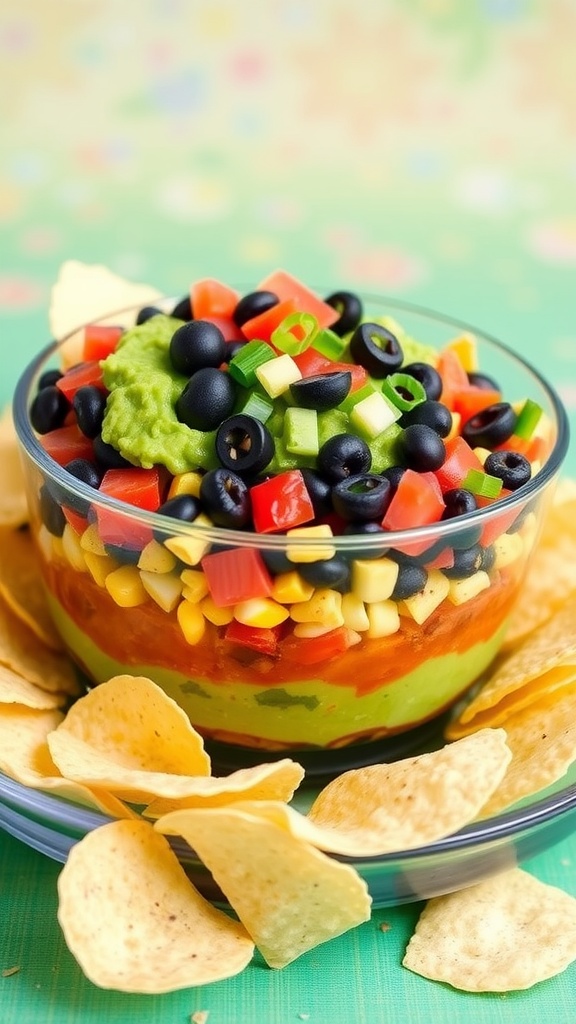 Vegan 7 layer dip in a glass dish with tortilla chips, showcasing vibrant layers of guacamole, salsa, corn, and more.
